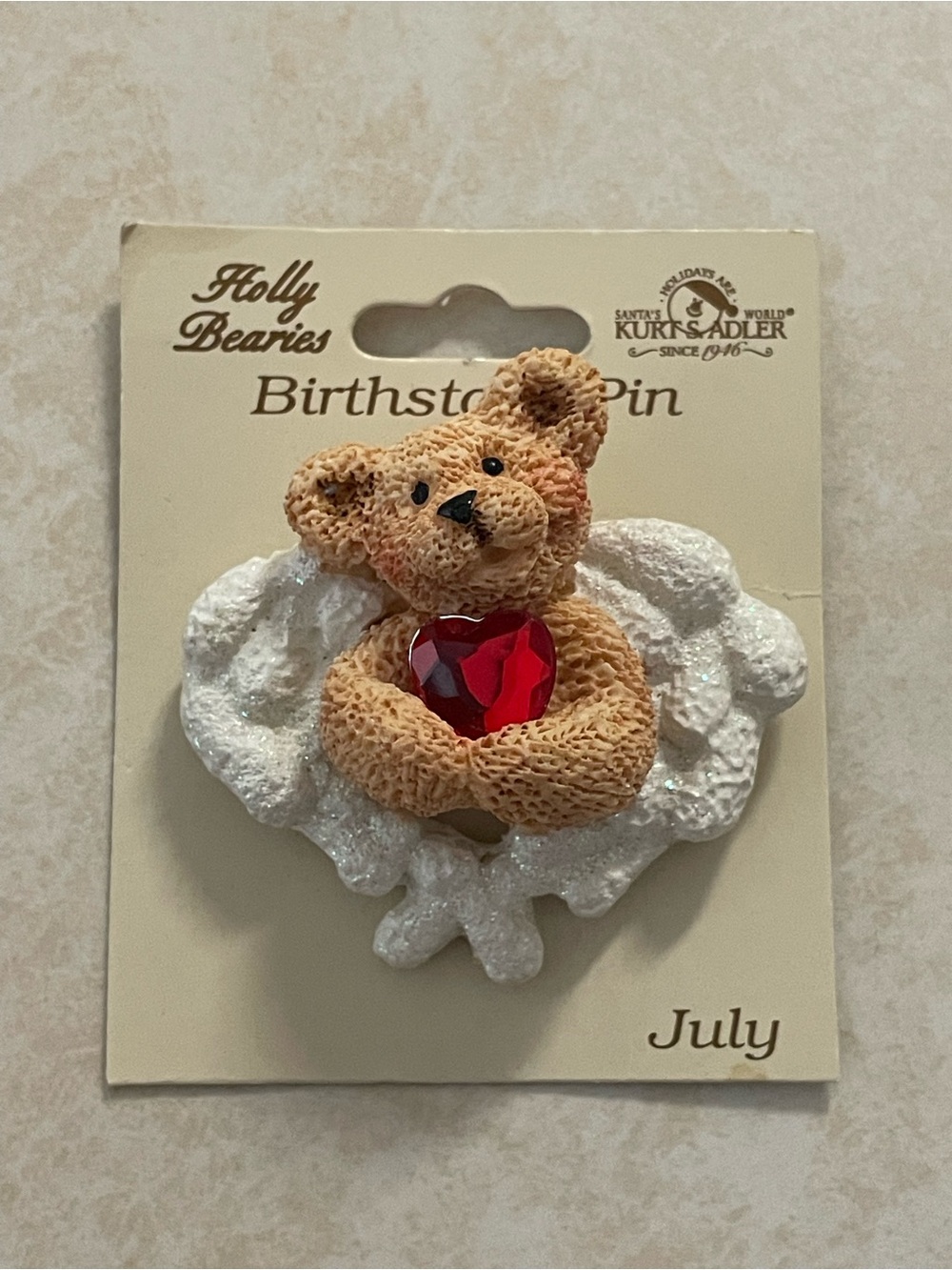 Kurt Adler Holly Bear July Birthstone Pin with Red Heart Vintage New